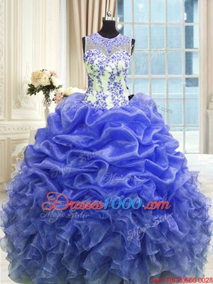 Attractive Scoop Sleeveless Organza Floor Length Zipper Quinceanera Dress in Blue for with Beading and Ruffles