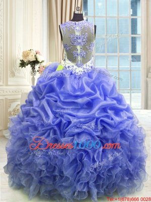 Attractive Scoop Sleeveless Organza Floor Length Zipper Quinceanera Dress in Blue for with Beading and Ruffles