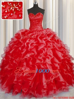 Halter Top Coral Red Organza Lace Up Quinceanera Dresses Sleeveless Floor Length Beading and Ruffles