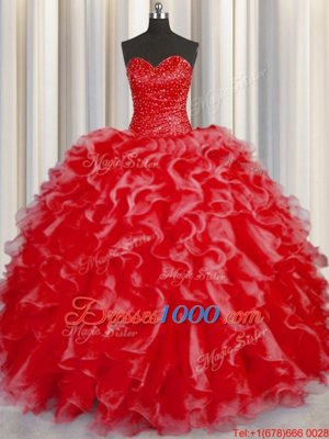 Halter Top Coral Red Organza Lace Up Quinceanera Dresses Sleeveless Floor Length Beading and Ruffles