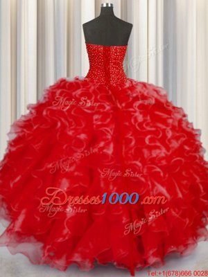 Halter Top Coral Red Organza Lace Up Quinceanera Dresses Sleeveless Floor Length Beading and Ruffles