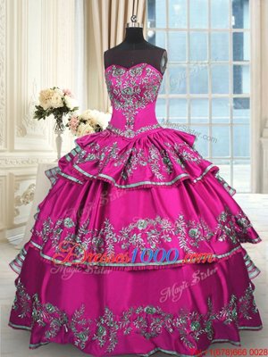 Flirting Fuchsia Sleeveless Floor Length Embroidery and Ruffled Layers Lace Up 15th Birthday Dress