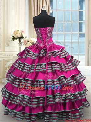 Flirting Fuchsia Sleeveless Floor Length Embroidery and Ruffled Layers Lace Up 15th Birthday Dress