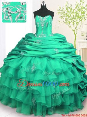 Noble Pick Ups Ruffled Brush Train Ball Gowns Quinceanera Dress Turquoise Strapless Organza and Taffeta Sleeveless With Train Lace Up