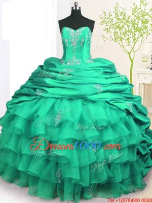 Noble Pick Ups Ruffled Brush Train Ball Gowns Quinceanera Dress Turquoise Strapless Organza and Taffeta Sleeveless With Train Lace Up