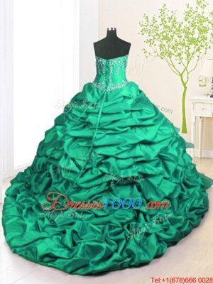 Noble Pick Ups Ruffled Brush Train Ball Gowns Quinceanera Dress Turquoise Strapless Organza and Taffeta Sleeveless With Train Lace Up