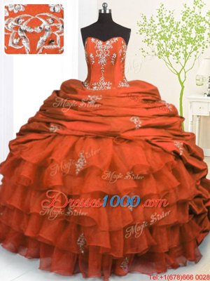 Orange Red Lace Up Strapless Beading and Appliques and Ruffled Layers and Pick Ups Quince Ball Gowns Organza and Taffeta Sleeveless Brush Train