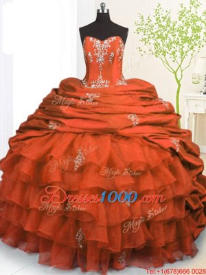 Orange Red Lace Up Strapless Beading and Appliques and Ruffled Layers and Pick Ups Quince Ball Gowns Organza and Taffeta Sleeveless Brush Train