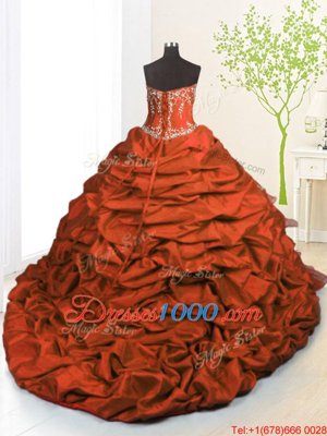 Orange Red Lace Up Strapless Beading and Appliques and Ruffled Layers and Pick Ups Quince Ball Gowns Organza and Taffeta Sleeveless Brush Train