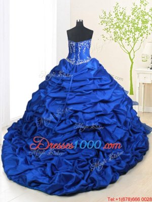 Ideal Pick Ups Ruffled Strapless Sleeveless Brush Train Lace Up Quinceanera Gown Royal Blue Organza and Taffeta