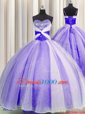 Simple Lavender Ball Gowns Spaghetti Straps Sleeveless Organza Floor Length Lace Up Beading and Sequins and Ruching Quinceanera Gowns