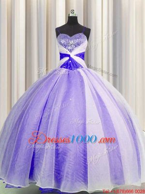 Simple Lavender Ball Gowns Spaghetti Straps Sleeveless Organza Floor Length Lace Up Beading and Sequins and Ruching Quinceanera Gowns