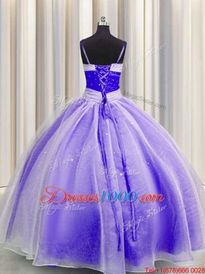 Simple Lavender Ball Gowns Spaghetti Straps Sleeveless Organza Floor Length Lace Up Beading and Sequins and Ruching Quinceanera Gowns