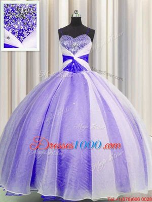 Simple Lavender Ball Gowns Spaghetti Straps Sleeveless Organza Floor Length Lace Up Beading and Sequins and Ruching Quinceanera Gowns