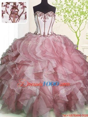 Sleeveless Floor Length Ruffles Lace Up Quinceanera Gowns with Pink And White