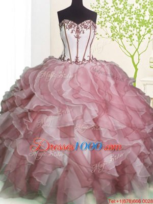 Sleeveless Floor Length Ruffles Lace Up Quinceanera Gowns with Pink And White