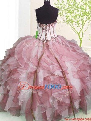 Sleeveless Floor Length Ruffles Lace Up Quinceanera Gowns with Pink And White