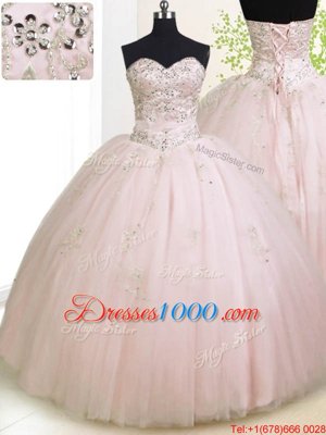 Best Selling Baby Pink 15 Quinceanera Dress Military Ball and Sweet 16 and Quinceanera and For with Beading and Appliques Sweetheart Sleeveless Lace Up