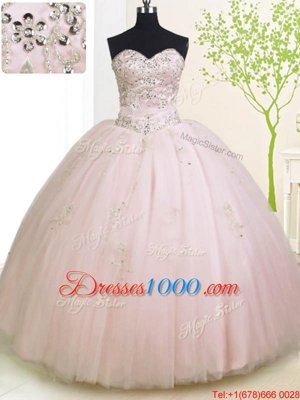 Best Selling Baby Pink 15 Quinceanera Dress Military Ball and Sweet 16 and Quinceanera and For with Beading and Appliques Sweetheart Sleeveless Lace Up