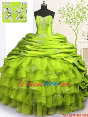 Affordable Olive Green Quinceanera Dress Military Ball and Sweet 16 and Quinceanera and For with Beading and Appliques and Ruffled Layers and Pick Ups Strapless Sleeveless Brush Train Lace Up