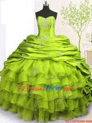 Affordable Olive Green Quinceanera Dress Military Ball and Sweet 16 and Quinceanera and For with Beading and Appliques and Ruffled Layers and Pick Ups Strapless Sleeveless Brush Train Lace Up