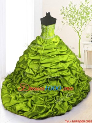 Affordable Olive Green Quinceanera Dress Military Ball and Sweet 16 and Quinceanera and For with Beading and Appliques and Ruffled Layers and Pick Ups Strapless Sleeveless Brush Train Lace Up