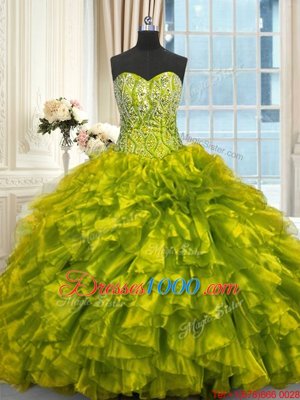 Custom Made Sweetheart Sleeveless Brush Train Lace Up Sweet 16 Quinceanera Dress Olive Green Organza