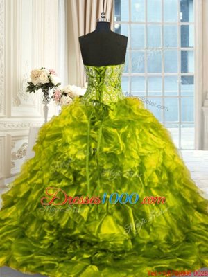 Custom Made Sweetheart Sleeveless Brush Train Lace Up Sweet 16 Quinceanera Dress Olive Green Organza