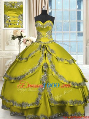 Olive Green Ball Gowns Taffeta Sweetheart Sleeveless Beading and Appliques and Ruffled Layers Floor Length Lace Up 15th Birthday Dress