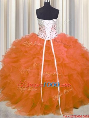 Smart Ball Gowns Sweet 16 Dresses Orange Red Sweetheart Organza Sleeveless Floor Length Lace Up