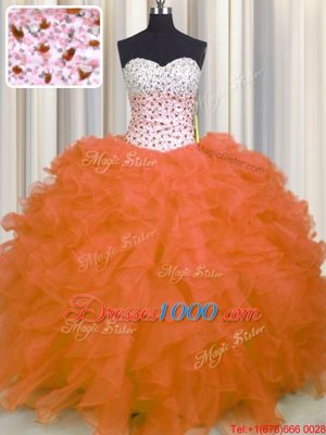 Smart Ball Gowns Sweet 16 Dresses Orange Red Sweetheart Organza Sleeveless Floor Length Lace Up