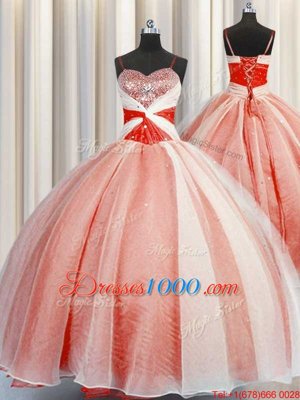 Romantic Orange Red Ball Gowns Spaghetti Straps Sleeveless Organza Floor Length Lace Up Beading and Sequins and Ruching Quince Ball Gowns