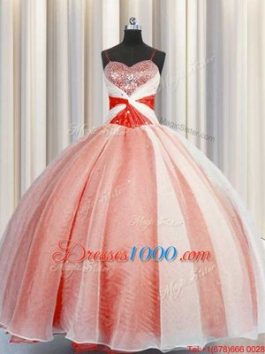 Romantic Orange Red Ball Gowns Spaghetti Straps Sleeveless Organza Floor Length Lace Up Beading and Sequins and Ruching Quince Ball Gowns