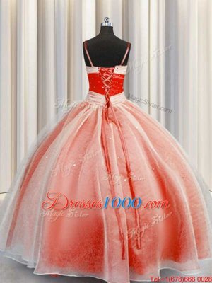 Romantic Orange Red Ball Gowns Spaghetti Straps Sleeveless Organza Floor Length Lace Up Beading and Sequins and Ruching Quince Ball Gowns