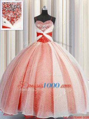 Romantic Orange Red Ball Gowns Spaghetti Straps Sleeveless Organza Floor Length Lace Up Beading and Sequins and Ruching Quince Ball Gowns