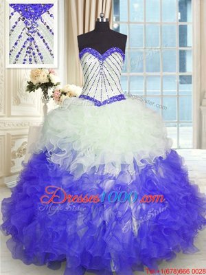 Sleeveless Organza With Brush Train Lace Up Sweet 16 Quinceanera Dress in Turquoise for with Beading and Ruffles