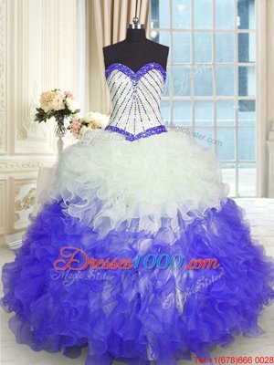 Exquisite Floor Length Blue And White 15 Quinceanera Dress Organza Sleeveless Beading and Ruffles