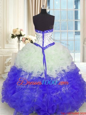 Exquisite Floor Length Blue And White 15 Quinceanera Dress Organza Sleeveless Beading and Ruffles