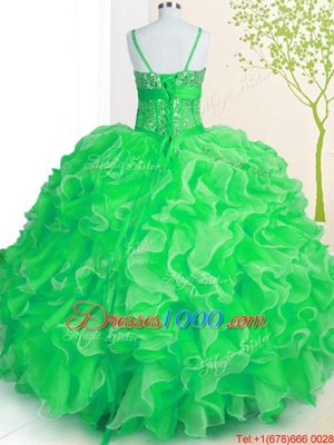 Sleeveless Organza With Brush Train Lace Up Sweet 16 Quinceanera Dress in Turquoise for with Beading and Ruffles