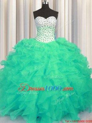 Exceptional Turquoise Lace Up Sweetheart Beading and Ruffles Sweet 16 Quinceanera Dress Organza Sleeveless