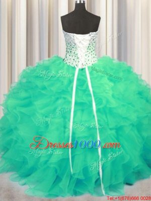 Exceptional Turquoise Lace Up Sweetheart Beading and Ruffles Sweet 16 Quinceanera Dress Organza Sleeveless