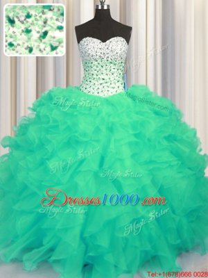 Exceptional Turquoise Lace Up Sweetheart Beading and Ruffles Sweet 16 Quinceanera Dress Organza Sleeveless