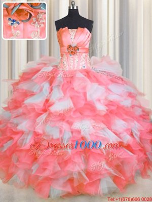 Pink And White Ball Gowns Beading and Ruffles and Hand Made Flower Quince Ball Gowns Lace Up Organza Sleeveless Floor Length