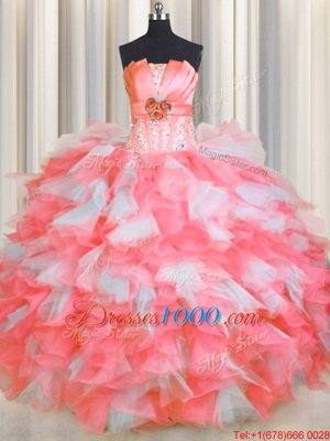 Pink And White Ball Gowns Beading and Ruffles and Hand Made Flower Quince Ball Gowns Lace Up Organza Sleeveless Floor Length