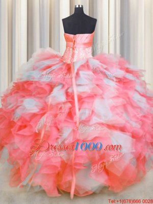 Pink And White Ball Gowns Beading and Ruffles and Hand Made Flower Quince Ball Gowns Lace Up Organza Sleeveless Floor Length