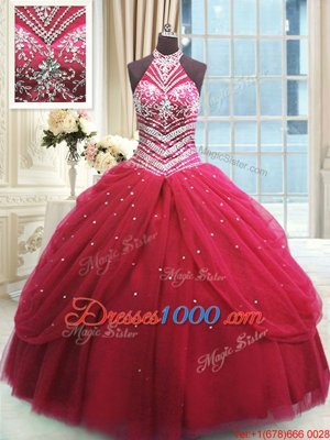 Floor Length Red Sweet 16 Dresses Tulle Sleeveless Beading