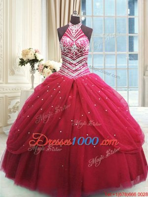 Floor Length Red Sweet 16 Dresses Tulle Sleeveless Beading