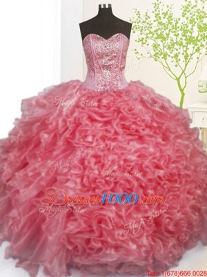 Eye-catching Floor Length Rose Pink Vestidos de Quinceanera Organza Sleeveless Beading and Ruffles and Pick Ups