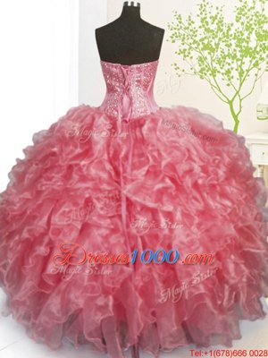 Eye-catching Floor Length Rose Pink Vestidos de Quinceanera Organza Sleeveless Beading and Ruffles and Pick Ups