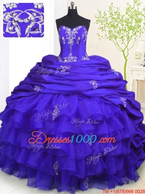 Royal Blue Ball Gowns Beading and Appliques and Ruffled Layers and Pick Ups Quinceanera Gown Lace Up Organza and Taffeta Sleeveless With Train